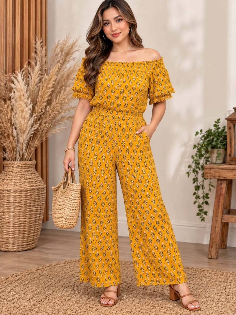 Xhilaration Yellow Diamond Print Off-Shoulder Jumpsuit medium 20-24